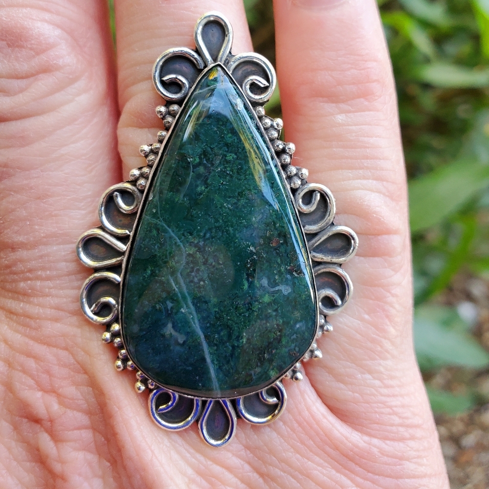 New Oversized Moss Agate 925 Silver Ring.